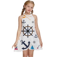 Marine Nautical Seamless Lifebuoy Anchor Pattern Kids  Halter Collar Waist Tie Chiffon Dress by Jancukart