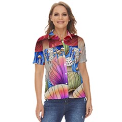 Vintage Mushroom Design Flowery Nature Women s Short Sleeve Double Pocket Shirt