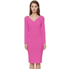 Bubble Gum Pink	 - 	long Sleeve V-neck Bodycon Dress