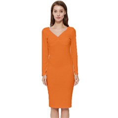 Pumpkin Orange	 - 	long Sleeve V-neck Bodycon Dress