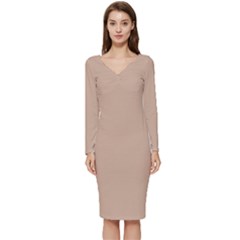Toasted Almond Brown	 - 	long Sleeve V-neck Bodycon Dress