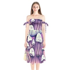 Forestcore Mushroom Shoulder Tie Bardot Midi Dress by GardenOfOphir