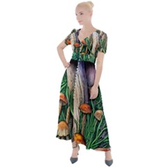 Forest Fairycore Mushroom Foraging Craft Button Up Short Sleeve Maxi Dress