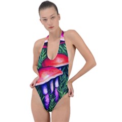 Vintage Flowery Garden Nature Mushroom Backless Halter One Piece Swimsuit