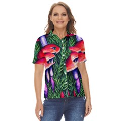 Vintage Flowery Garden Nature Mushroom Women s Short Sleeve Double Pocket Shirt