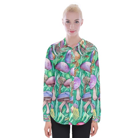 Forestcore Fantasy Farmcore Mushroom Foraging Womens Long Sleeve Shirt by GardenOfOphir