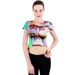 Tiny Mushrooms In A Forest Crew Neck Crop Top by GardenOfOphir