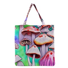 Tiny Mushrooms In A Forest Grocery Tote Bag by GardenOfOphir