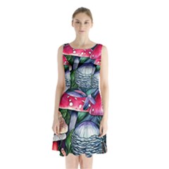 Foraging Mushroom Sleeveless Waist Tie Chiffon Dress