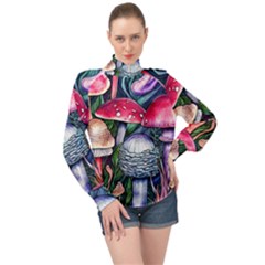 Foraging Mushroom High Neck Long Sleeve Chiffon Top