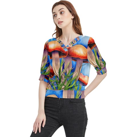 Garden Mushrooms In A Flowery Craft Quarter Sleeve Blouse by GardenOfOphir