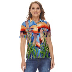 Garden Mushrooms In A Flowery Craft Women s Short Sleeve Double Pocket Shirt
