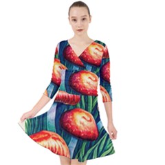 Enchanted Forest Mushroom Quarter Sleeve Front Wrap Dress