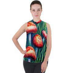 Enchanted Forest Mushroom Mock Neck Chiffon Sleeveless Top by GardenOfOphir