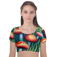 Enchanted Forest Mushroom Velvet Short Sleeve Crop Top  by GardenOfOphir