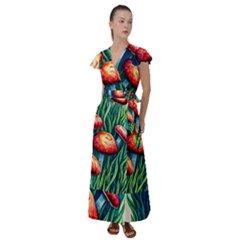 Enchanted Forest Mushroom Flutter Sleeve Maxi Dress