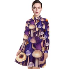 Whimsical Forest Mushroom Long Sleeve Chiffon Shirt Dress