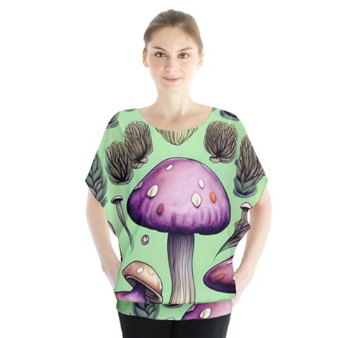 Witchy Forest Mushroom Batwing Chiffon Blouse by GardenOfOphir