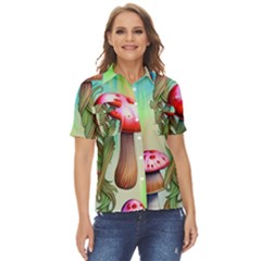 Warm Mushroom Forest Women s Short Sleeve Double Pocket Shirt
