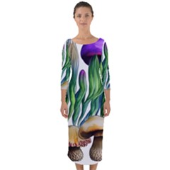 Cozy Mushroom Forest Historical Boho Quarter Sleeve Midi Bodycon Dress by GardenOfOphir