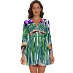 Cozy Mushroom Forest Historical Boho Long Sleeve V-neck Chiffon Dress 