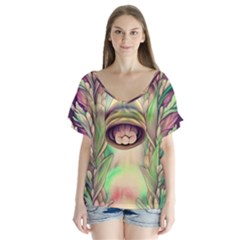 Mystic Mushroom V-neck Flutter Sleeve Top by GardenOfOphir