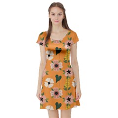 Flower Orange Pattern Floral Short Sleeve Skater Dress