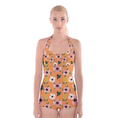 Flower Orange Pattern Floral Boyleg Halter Swimsuit 