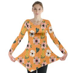 Flower Orange Pattern Floral Long Sleeve Tunic 