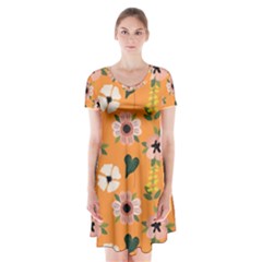 Flower Orange Pattern Floral Short Sleeve V-neck Flare Dress