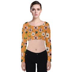 Flower Orange Pattern Floral Velvet Long Sleeve Crop Top