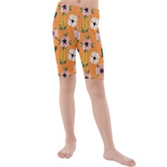Flower Orange Pattern Floral Kids  Mid Length Swim Shorts
