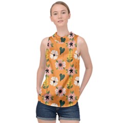 Flower Orange Pattern Floral High Neck Satin Top by Dutashop