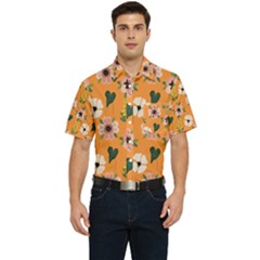 Flower Orange Pattern Floral Men s Short Sleeve Pocket Shirt 