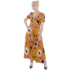 Flower Orange Pattern Floral Button Up Short Sleeve Maxi Dress