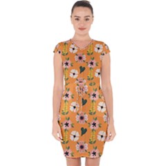 Flower Orange Pattern Floral Capsleeve Drawstring Dress 