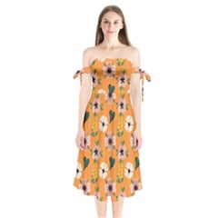 Flower Orange Pattern Floral Shoulder Tie Bardot Midi Dress