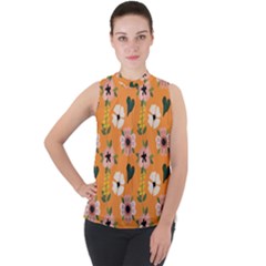 Flower Orange Pattern Floral Mock Neck Chiffon Sleeveless Top