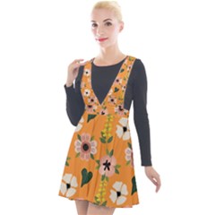 Flower Orange Pattern Floral Plunge Pinafore Velour Dress