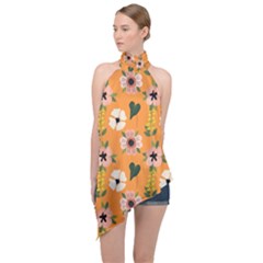 Flower Orange Pattern Floral Halter Asymmetric Satin Top by Dutashop