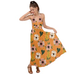 Flower Orange Pattern Floral Backless Maxi Beach Dress