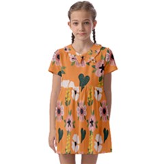 Flower Orange Pattern Floral Kids  Asymmetric Collar Dress by Dutashop