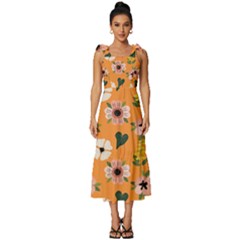 Flower Orange Pattern Floral Tie-strap Tiered Midi Chiffon Dress