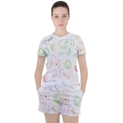 Cats And Food Doodle Seamless Pattern Women s Tee And Shorts Set by Jancukart