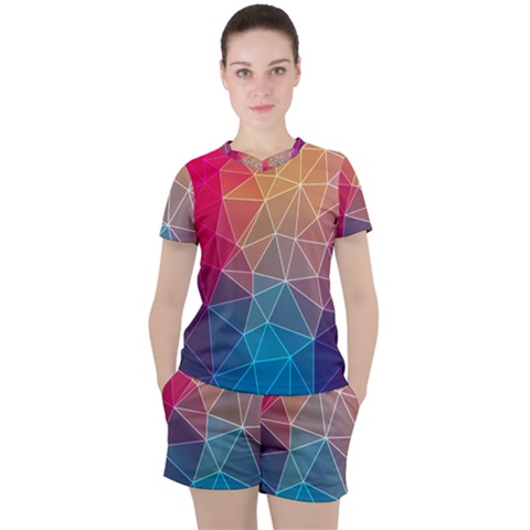 Multicolored Geometric Origami Idea Pattern Women s Tee And Shorts Set by Jancukart