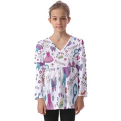 Princess Element Background Material Kids  V Neck Casual Top