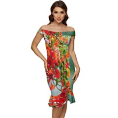 Gathering Sping Flowers  Off Shoulder Ruffle Split Hem Bodycon Dress