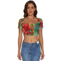 Gathering Sping Flowers  Short Sleeve Square Neckline Crop Top 