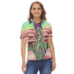 Tiny Forest Mushrooms Women s Short Sleeve Double Pocket Shirt