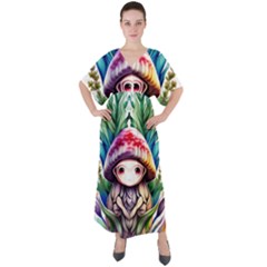 Fantasy Mushroom Forest V-neck Boho Style Maxi Dress by GardenOfOphir